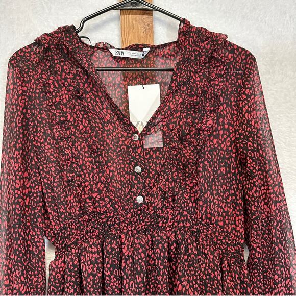 Zara Red & Black Cheetah‎ Print Long Sleeve Ruffled Mini Dress Size L - Picture 2 of 10
